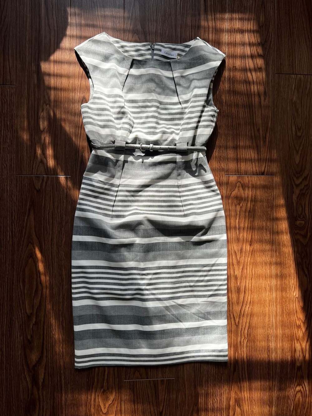 Calvin Klein Women's Gray and White Striped Belted Sheath Dress Size 6